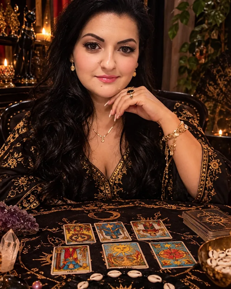 Retrato da Mãe Elza, de cabelo preto longo e vestido bordado em dourado, com a mão apoiada no rosto